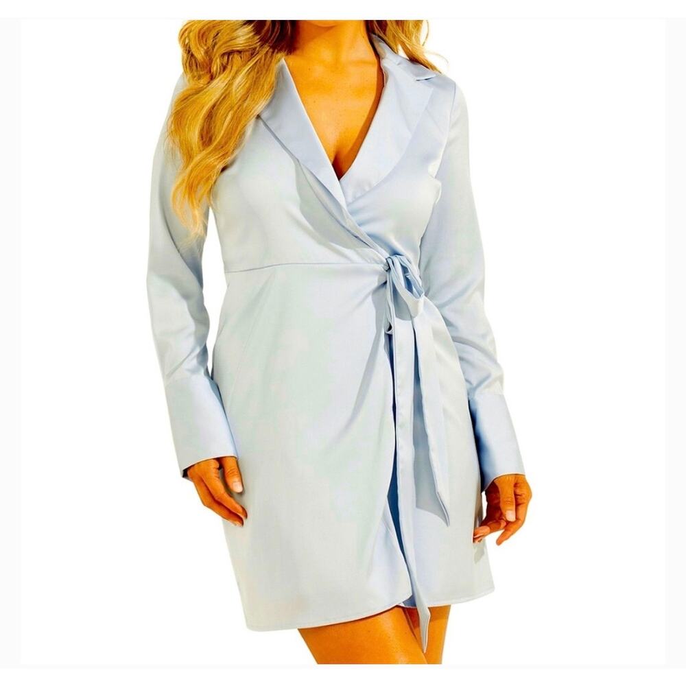 Guess satin tuxedo wrap dress ski blue Sz. XS elegant tie belt
